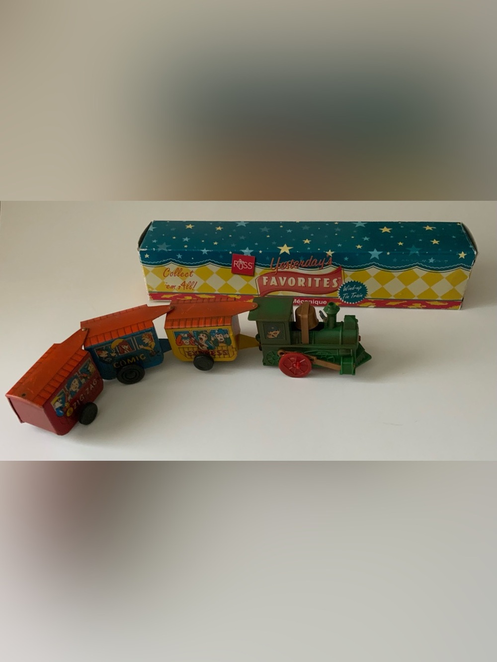 Vintage RUSS Wind-Up Tin Train with Green Locomotive and Red Wheels